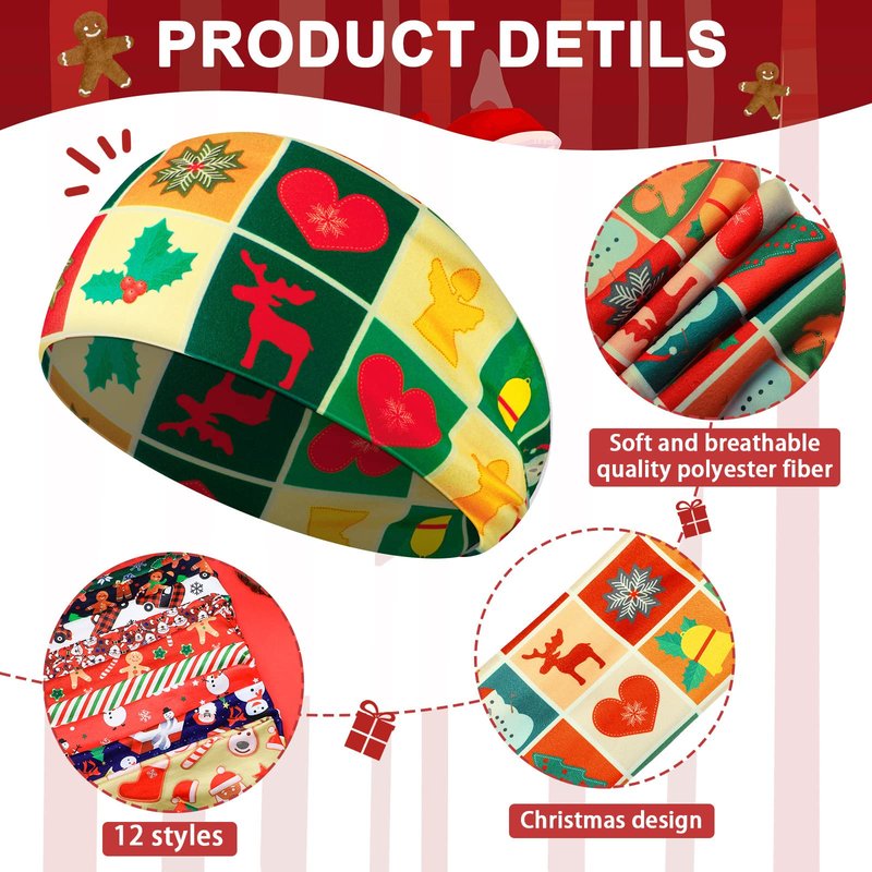 MTLEE 12 Pcs Christmas Stretchy Headbands for Women Christmas Hair Accessories Non Slip Head Wrap for Women(Stylish Pattern)