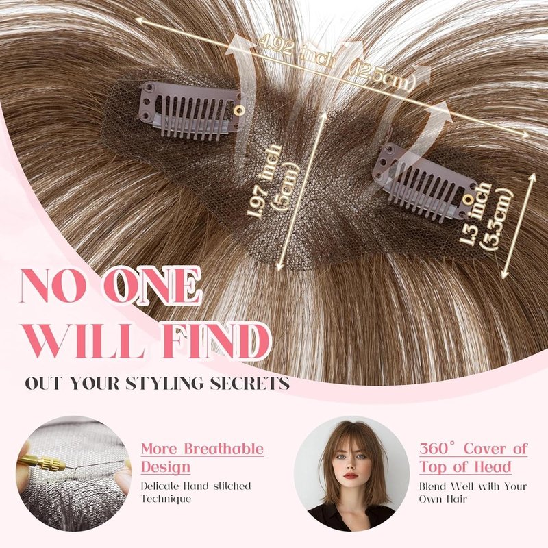 Clip-In French Bangs - 100% Real Human Hair, Hand-Tied 3D Design | Medium Brown, 5 Inch Length