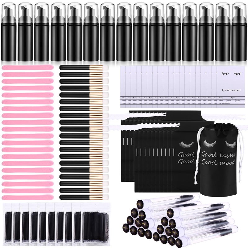Yaomiao 130 Pcs Lash Shampoo Bottle Brushes Set 20 Foam Pump Dispenser 20 Cleaning Brush 20 Eyelash Extension Spoolies Tube 20 Instructions Cards 20 Aftercare Bags 20 Facial Sponge(Black)