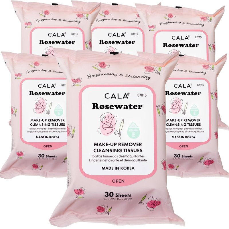 CALA Makeup Remover Cleansing Tissues: RoseWater (30 Sheets) - Gentle, Hydrating, and Effective Makeup Removal for All Skin Types (180 count, Pack of 6)