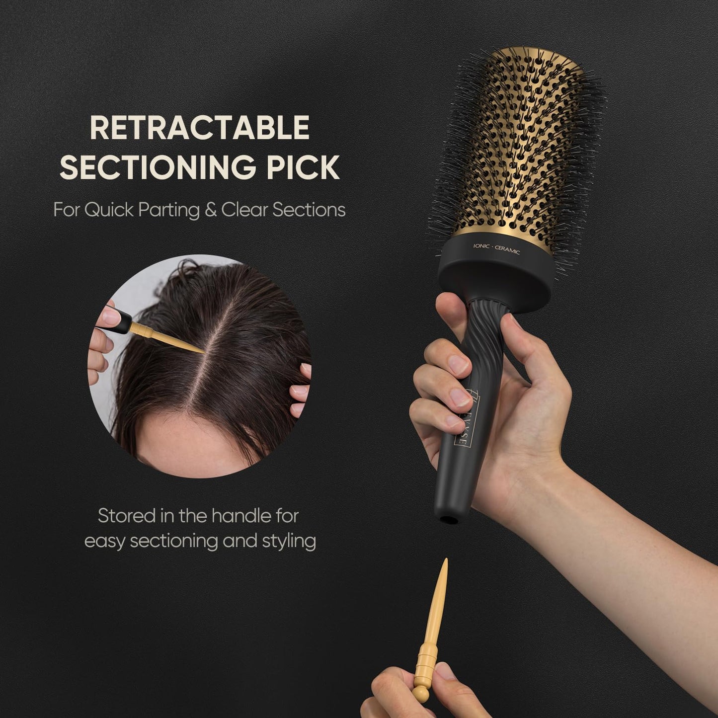 Ellen Evyse 2 in 1 Ceramic Round Brush for Blow Drying,Ceramic Barrel for Hair Styling, Polished Bristles, Enhance Texture Volume, for Women & Men,with 4 Hair Clips (2.1 Inch&1.3 Inch)