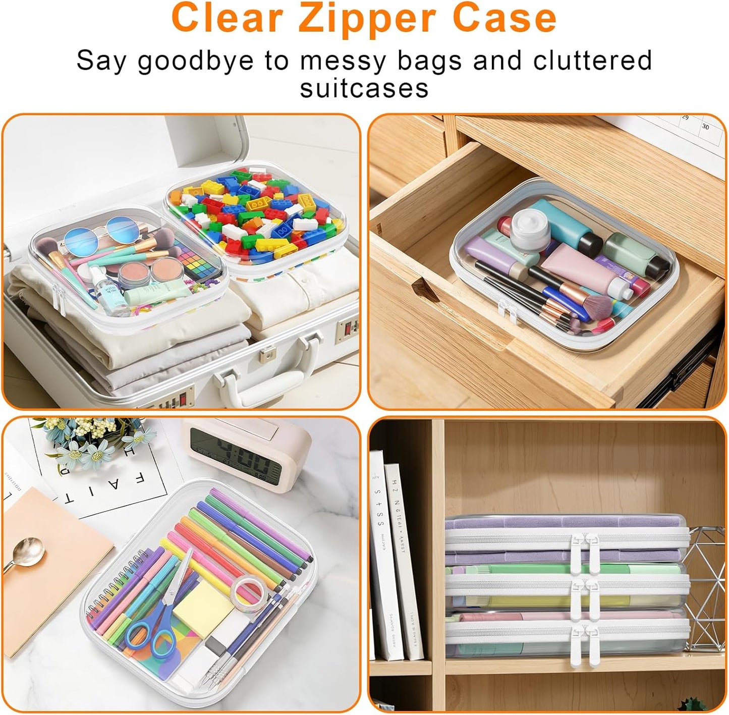 Clear Hard Shell Zipper Case Set - 3PCS Toy & Cosmetic Organizers | Medium Stackable Travel Bags 9.85x7.9x2 IN