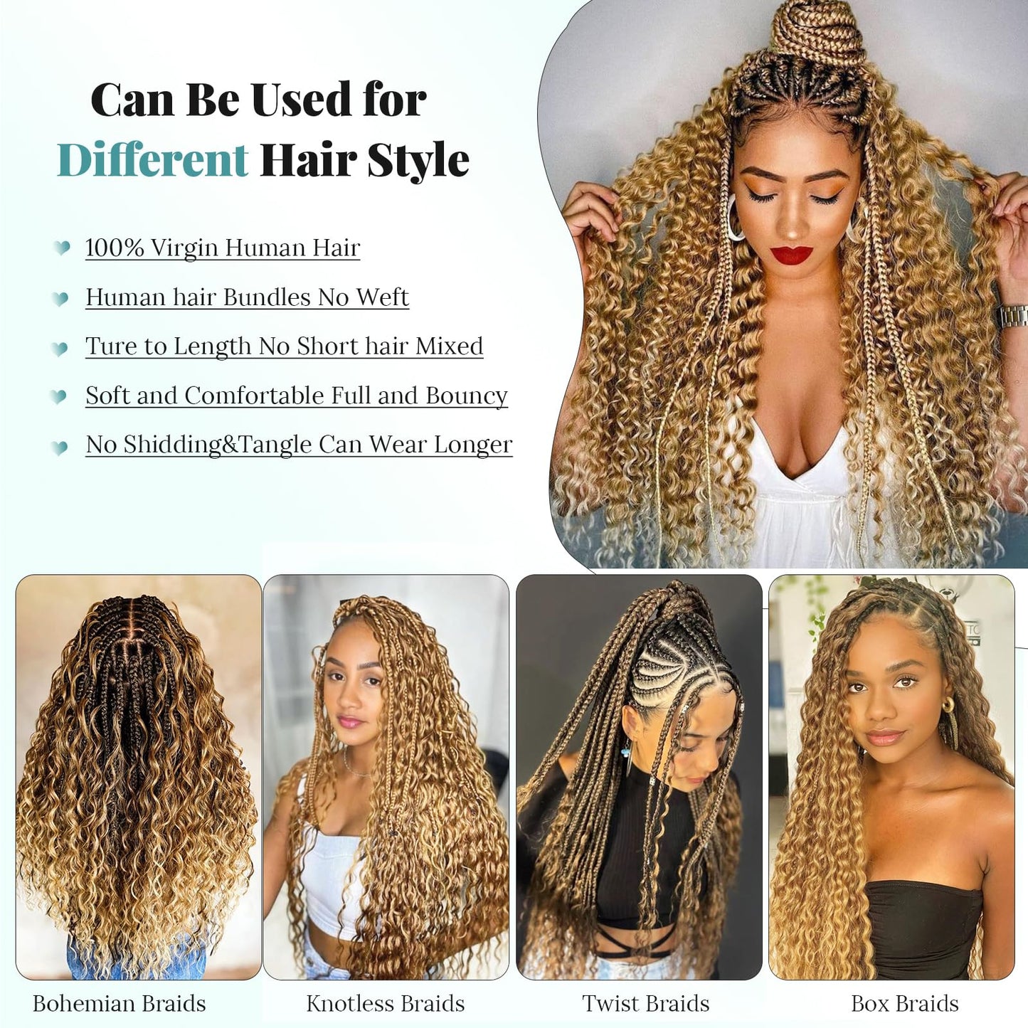 Human Braiding Hair for Boho Braids Human Hair Braiding Hair 100g 2 Bundles 14 Inch Curly Boho Hair for Braiding Knotless Deep Water Wave Bulk Human Hair for Braiding Bohemian Hair