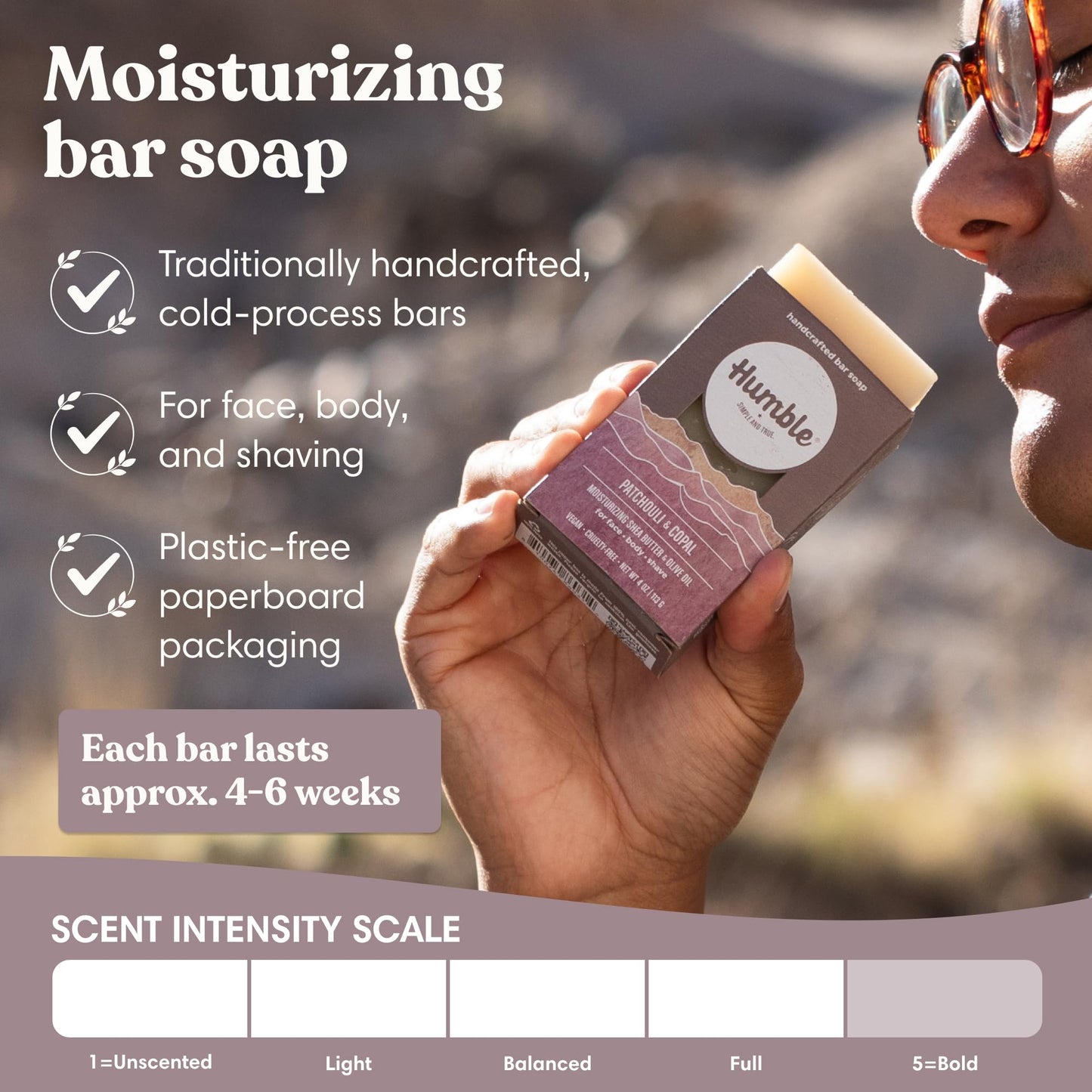 Humble Moisturizing Face & Body Bar Soap, Patchouli & Copal - 3 Pack