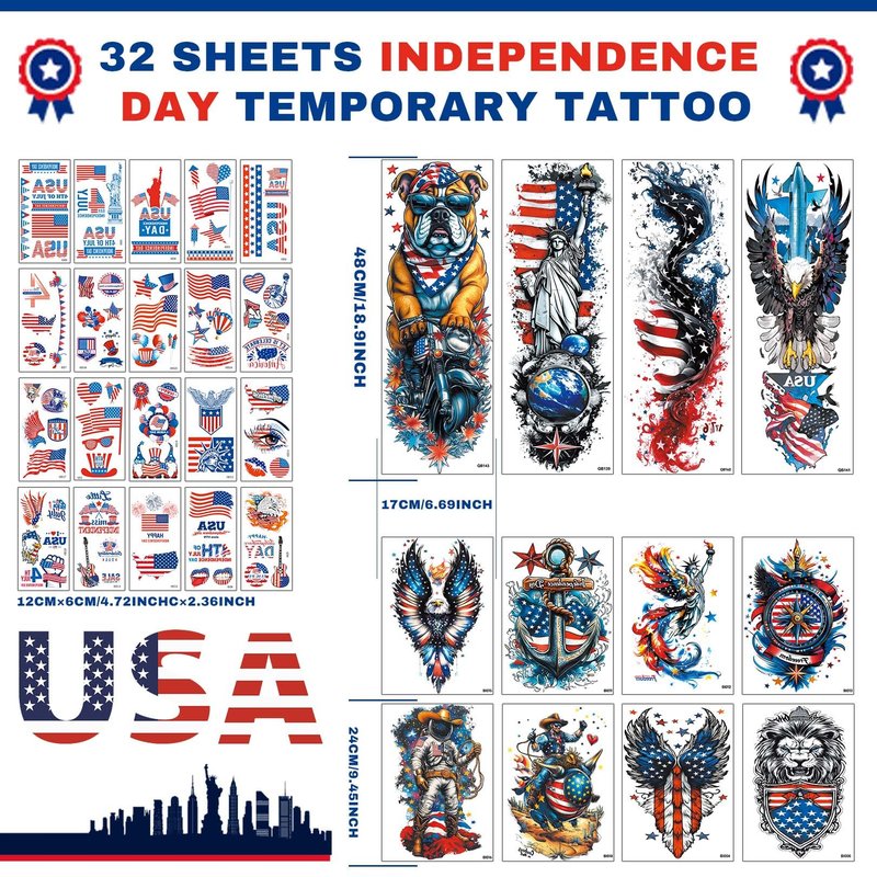 32 Sheets Independence Day Temporary Tattoos, USA Flag Patriotic Waterproof Fake Tattoos, Red White Blue Party Supplies Temp Tattoo Kits 4th of July Memorial Day, Veterans Day, Summer Festivals