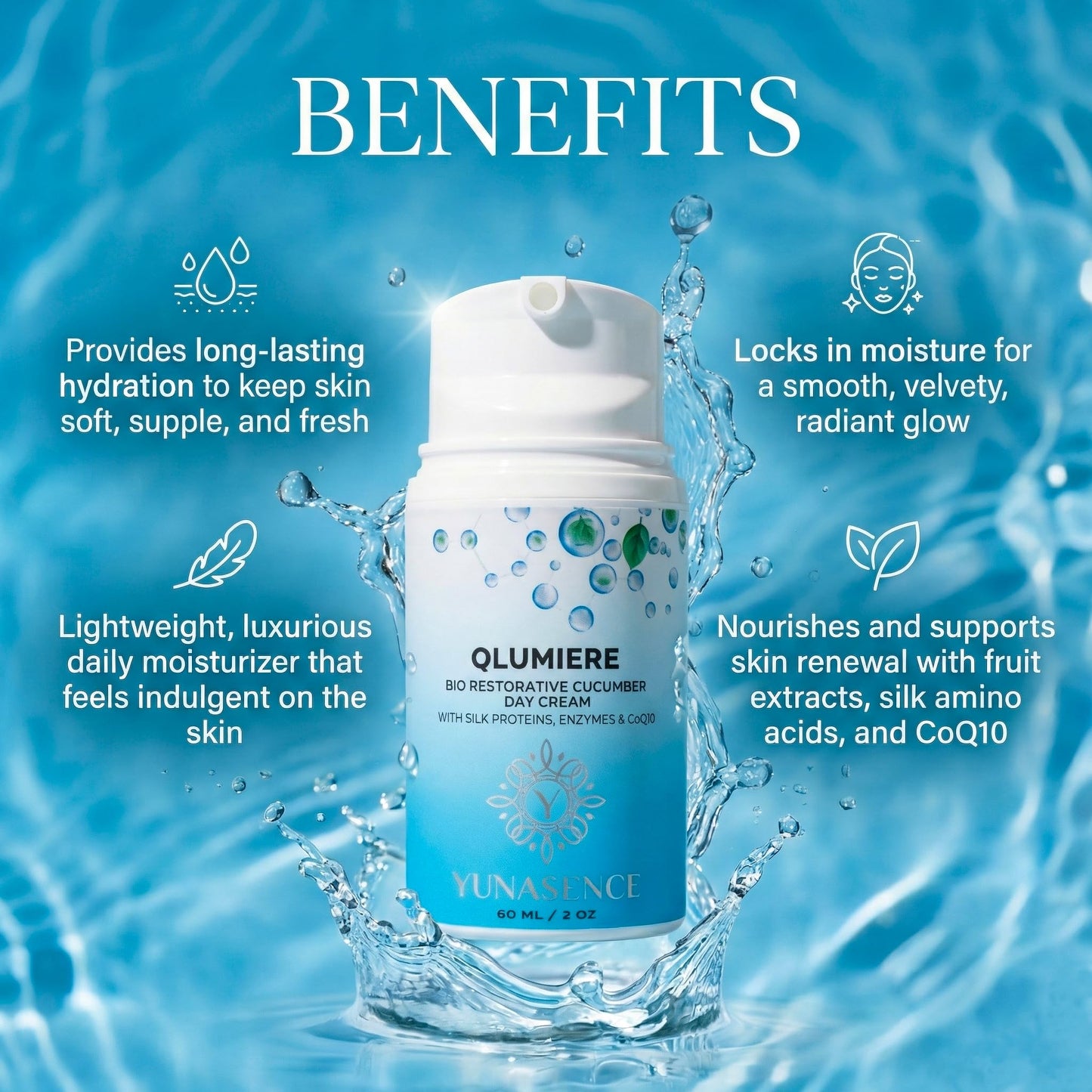 YUNASENCE QLUMIERE Bio-Restorative Soothing Cucumber Cream w/Amino Acids, Hyaluronic Acid, Enzymes, Caviar. Hydrating, Protecting.
