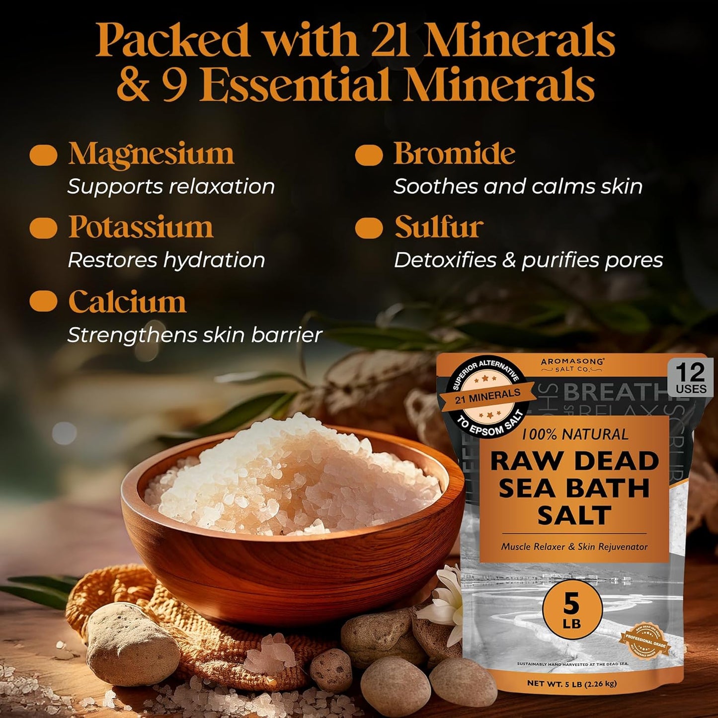 Aromasong Raw Dead Sea Salt Soaking Bath - 10 Lbs Resealable Pack | Skin Softening Benefits