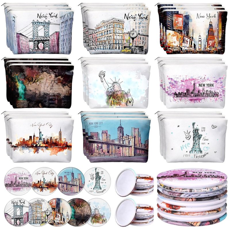 New York Souvenirs - 36-Piece City Cosmetic Bag Set | Makeup Mirrors & Gifts for Friends & Sisters
