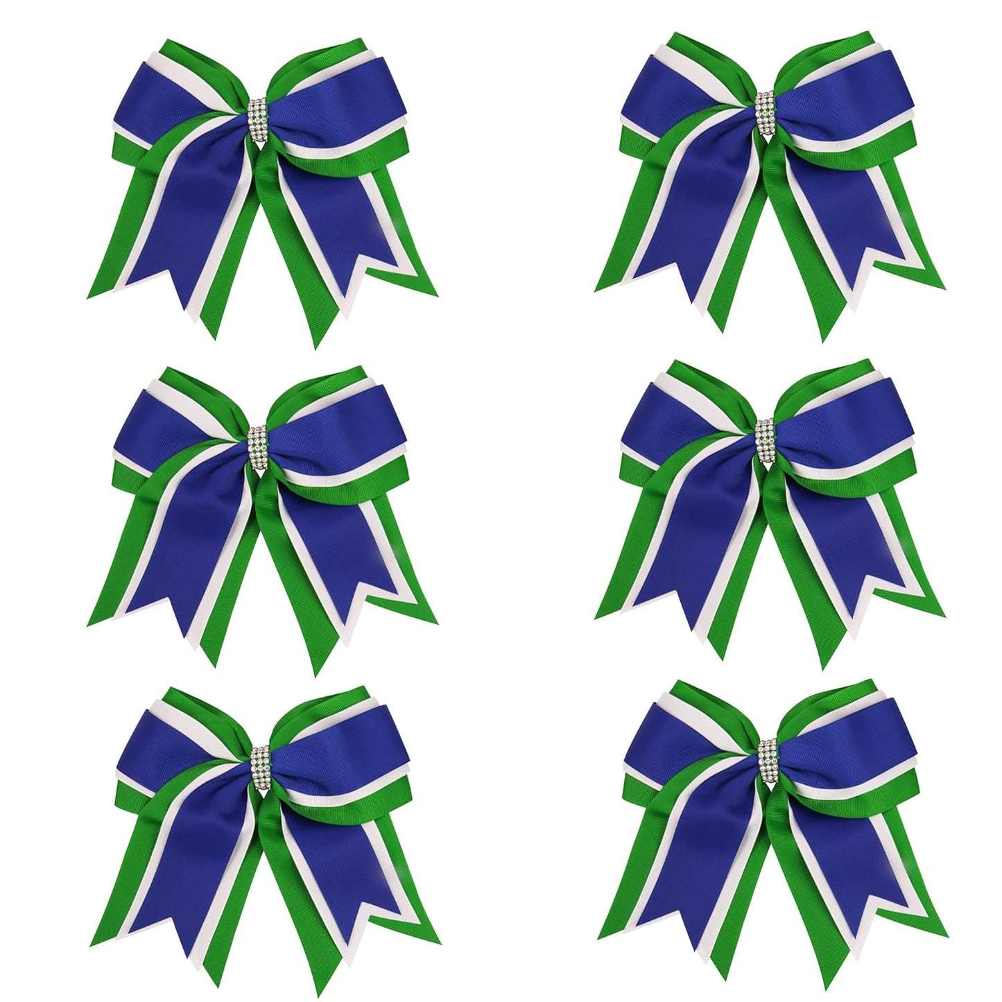 Jumbo Cheerleading Bows - 8 Inch 3-Layer Hair Ties | 6 Pcs in Green, White & Royal Blue