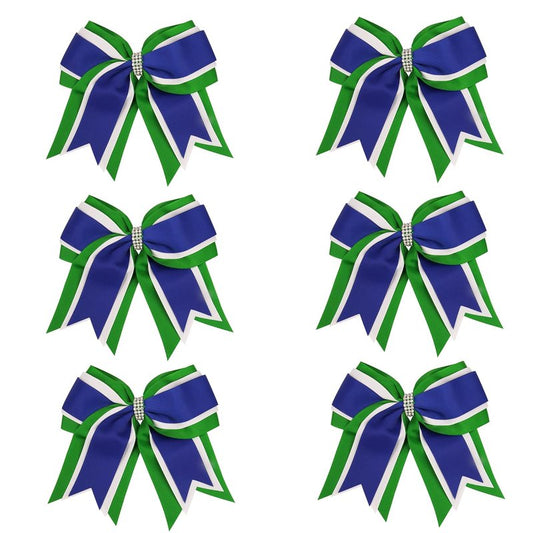 Jumbo Cheerleading Bows - 8 Inch 3-Layer Hair Ties | 6 Pcs in Green, White & Royal Blue