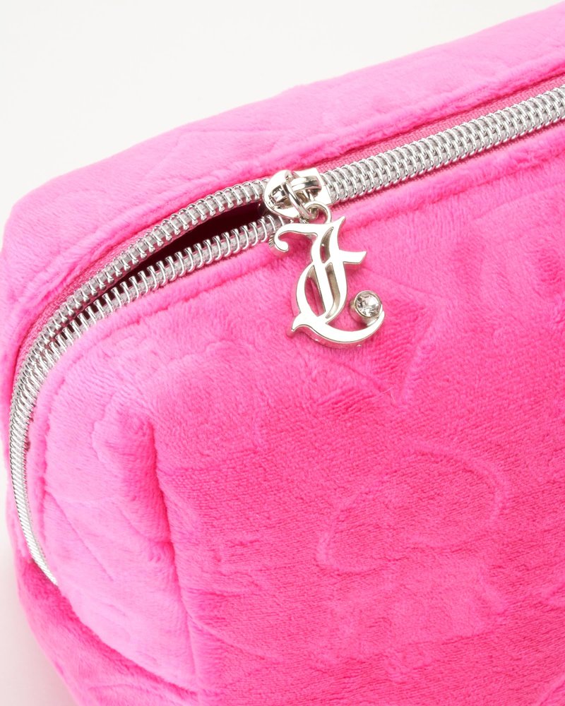Juicy Couture Hot Pink Makeup Bag Cosmetics Organizer Travel Essentials Zip Top Wedge Velour Heart Crown