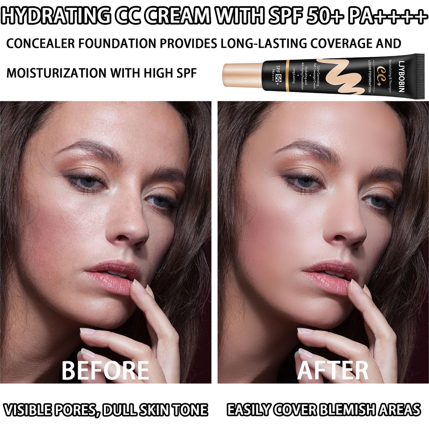 Hydrating CC Cream with Makeup Sponge,Waterproof Flawless Concealer Full Coverage BB Cream and Loose Setting Powder,Long Lasting Full Coverage Liquid Foundation for Men & Women（3 Pcs）