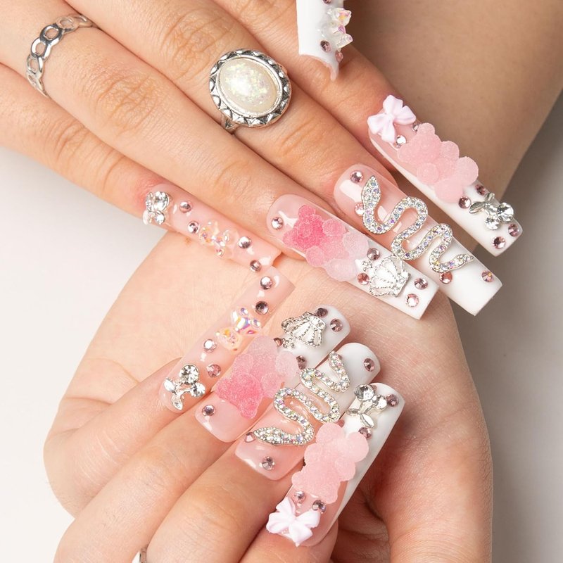 Press On Nails - Gummy Bear Glam with Full Covered Crystals | Reusable Square Mid Length 1.7in