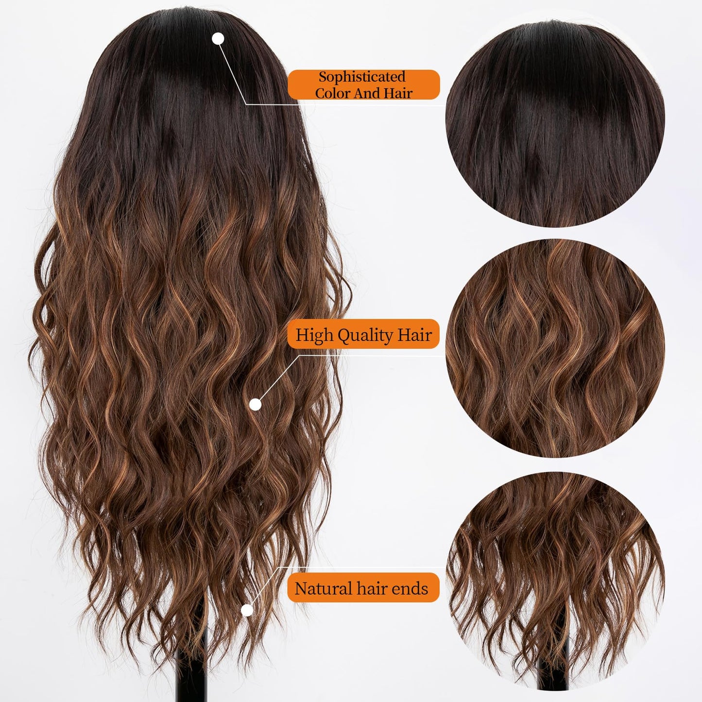 Nnzes Long Brown Highlight Wavy Wig 4x1 Lace Natural Hairline Middle Part Curly Heat-Resistant Synthetic Fiber for Women & Beginners Daily Party Use 26In