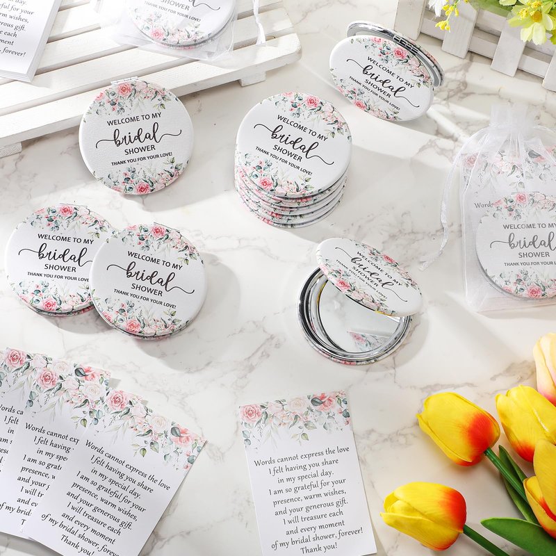 XunYee 24 Sets Bridal Shower Favors for Guests Flower Design Makeup Mirrors Leather Compact Mirrors Bridal Thank You Cards with Organza Bags Bridesmaid Gifts Wedding Party Favors Supplies (Pink)