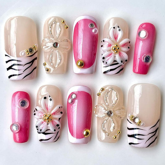 Bold Pink Zebra Stripes Press-On Nails - 3D Floral & Glitter Design | Reusable Acrylic for Parties & Daily Use (Short-Medium)