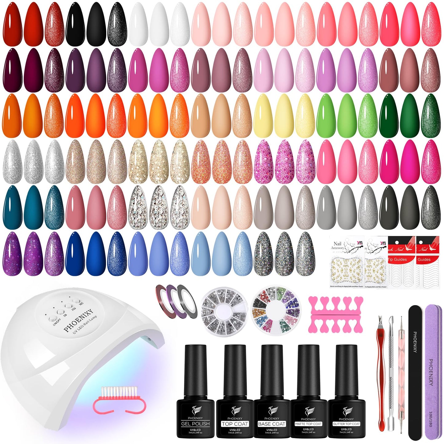 phoenixy 61 PCS Gel Nail Polish Kit with U V Light, 40 Colors Gel Nail Polish Set Manicure Starter Nail Kit Base Top Coat Gifts for Women