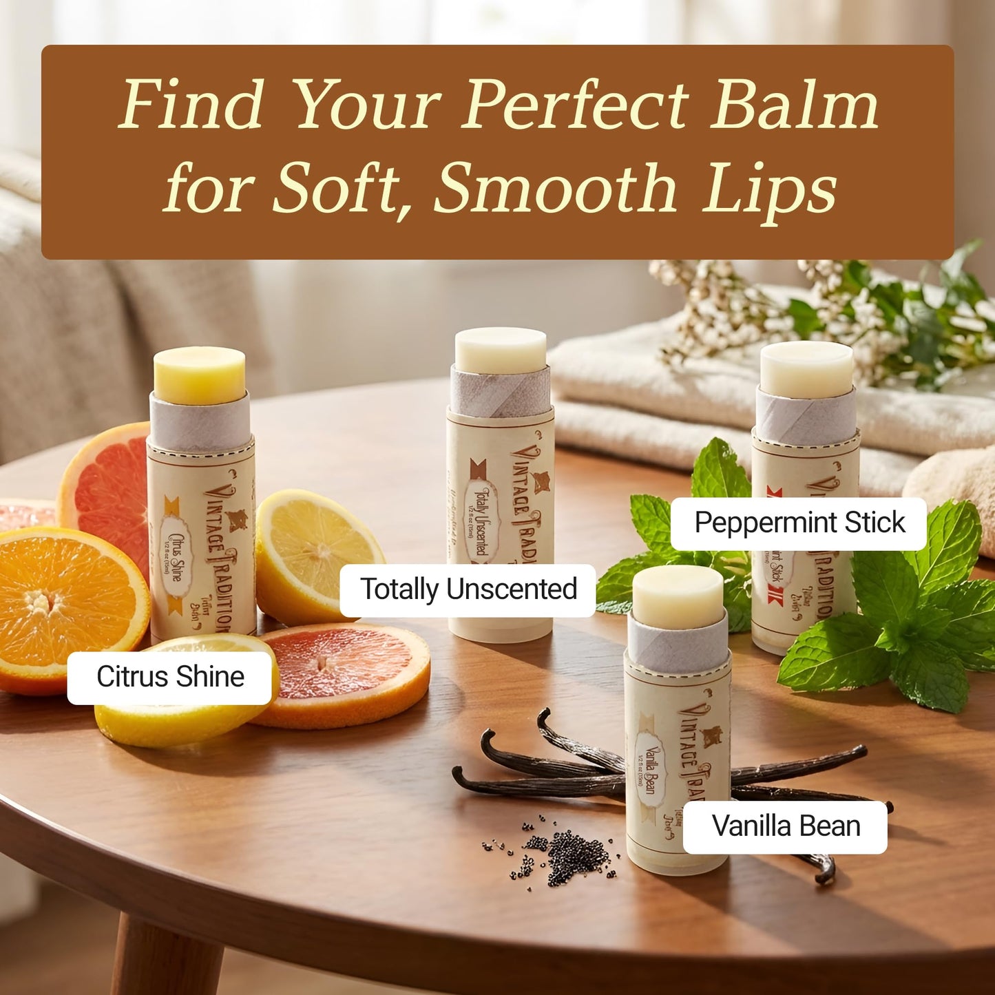 Vintage Tradition Moisturizing Beef Tallow Lip Balm – Tube Lip Moisturizer with Vanilla Extract Hydrates & Soothes Dry Lips – Grass-Fed Tallow Balm for Skin Care, 0.5 Fl. Oz.