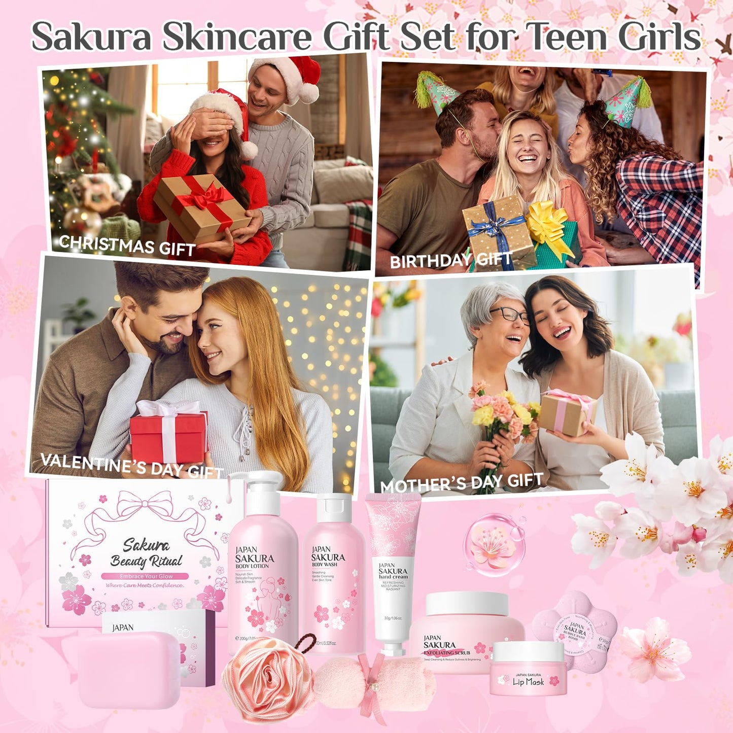 9Pcs Bath and Body Gift Set for Women & Girls, Cherry Blossom Bath and Body Gift Set with Body Wash, Lotion, Soap, Bath Bomb, Scrub, Hand Cream & Lip Mask, Home Spa Gift Set for Women Christmas Gifts