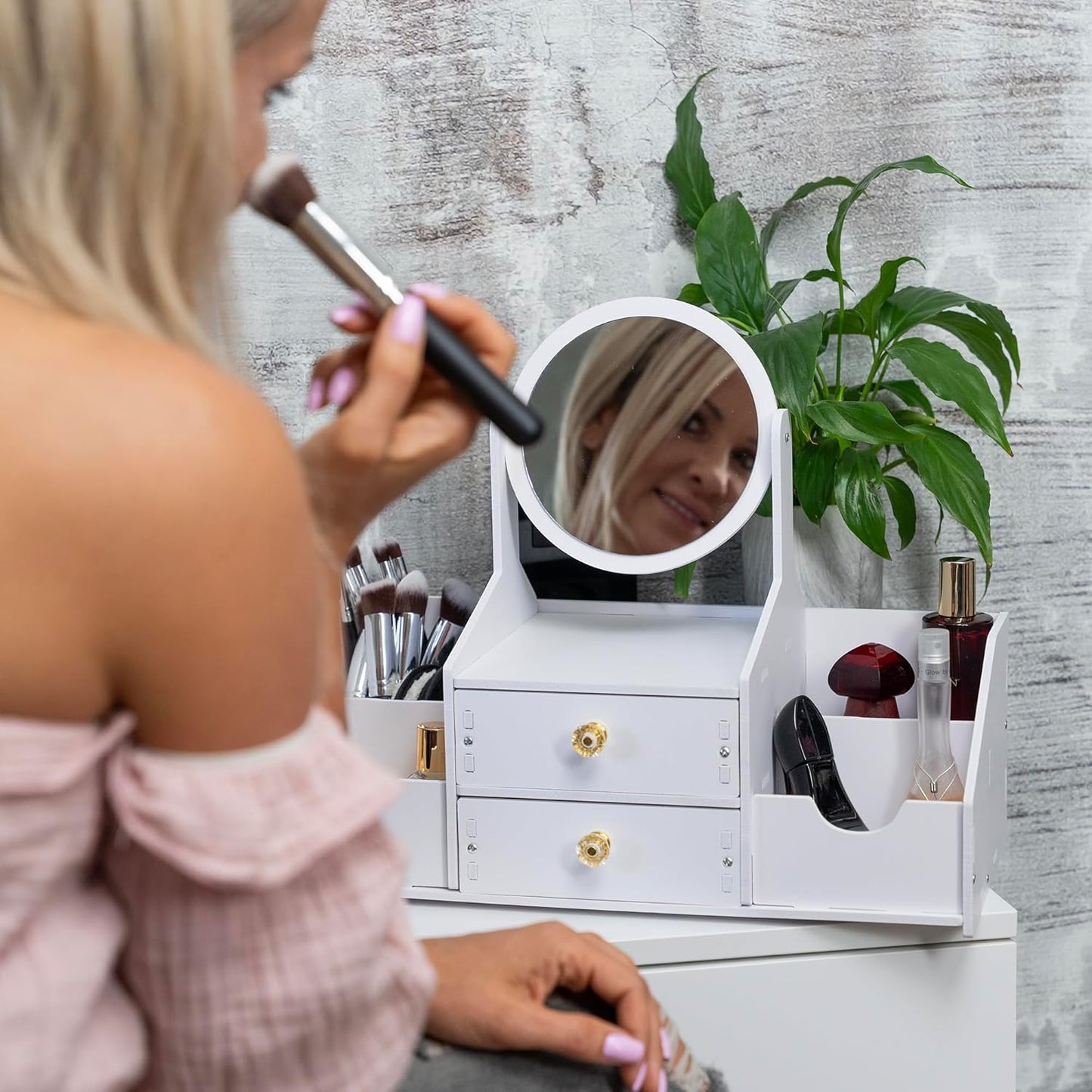 Wooden Makeup Organizer - Elegant Countertop Storage with Mirror & Drawers | Ideal for Brushes & Skincare