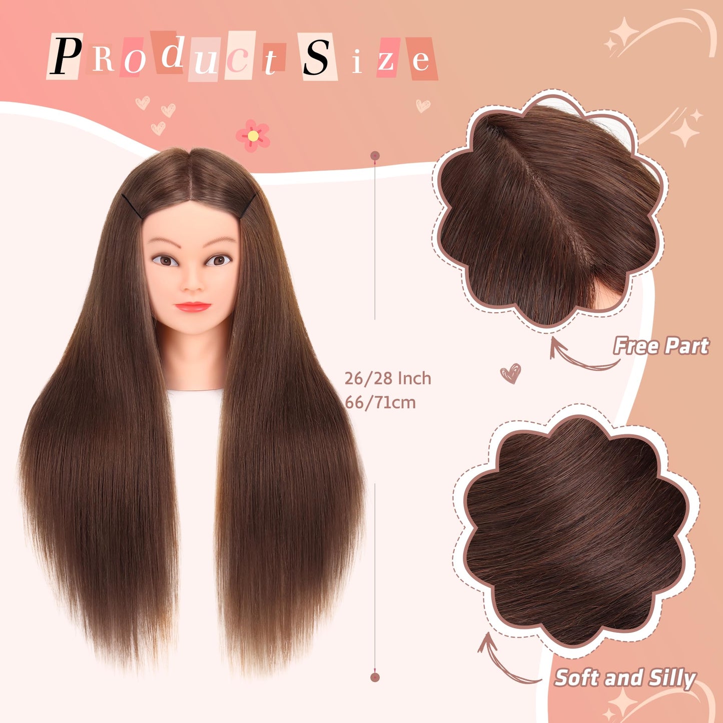 Mannequin Head with Hair 80% Real Human Hair 26-28'' Cosmetology Mannequin Head for Styling Practice on Braiding Manikin Head with Clamp Stand and Tools (Dark Brown)