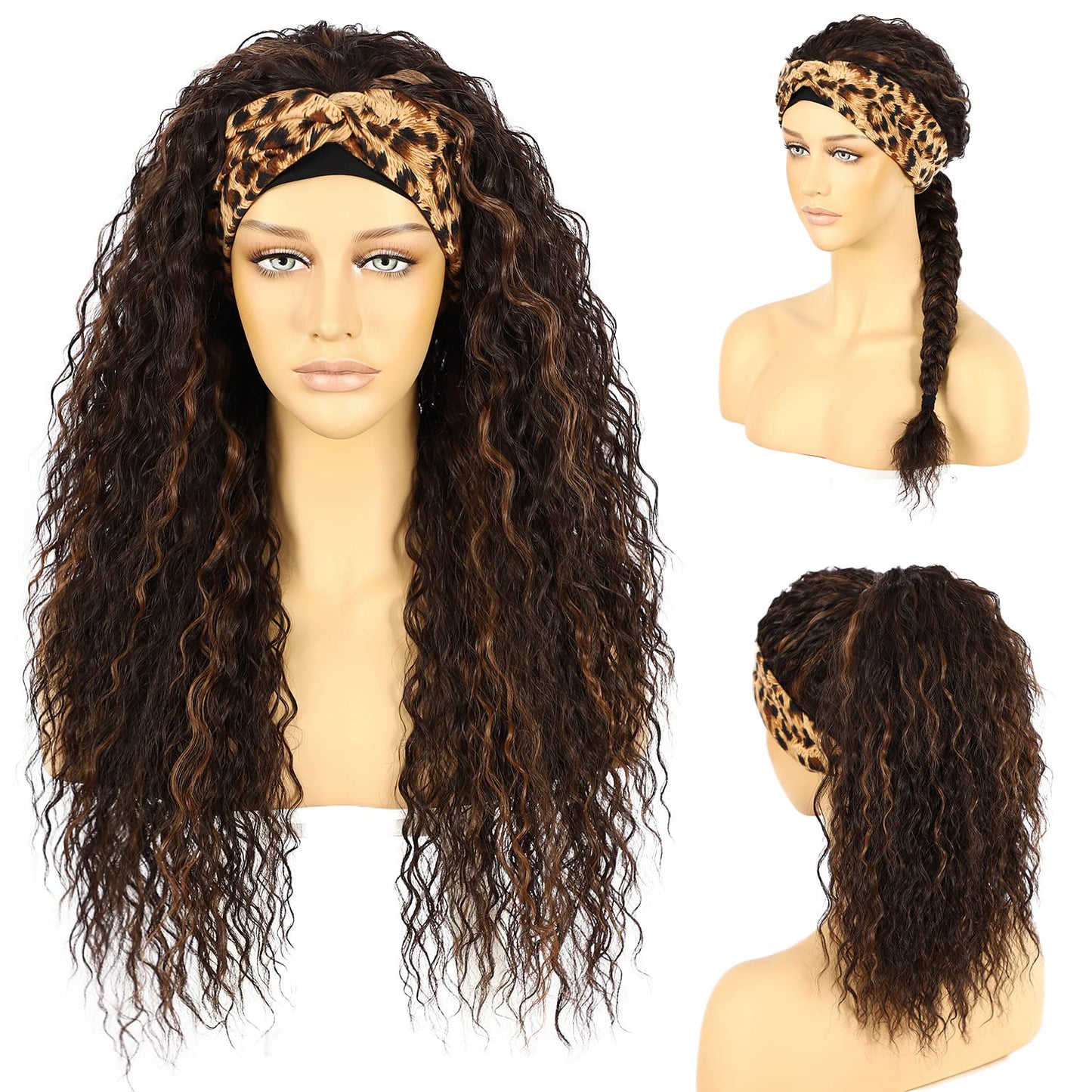SOMIARIK Headband Wigs for Black Women Natural Hairline Synthetic Brown Loose Curly None Lace Front Wigs for Black Women Glueless Machine Made Wig Wavy pre plucked 26 Inch
