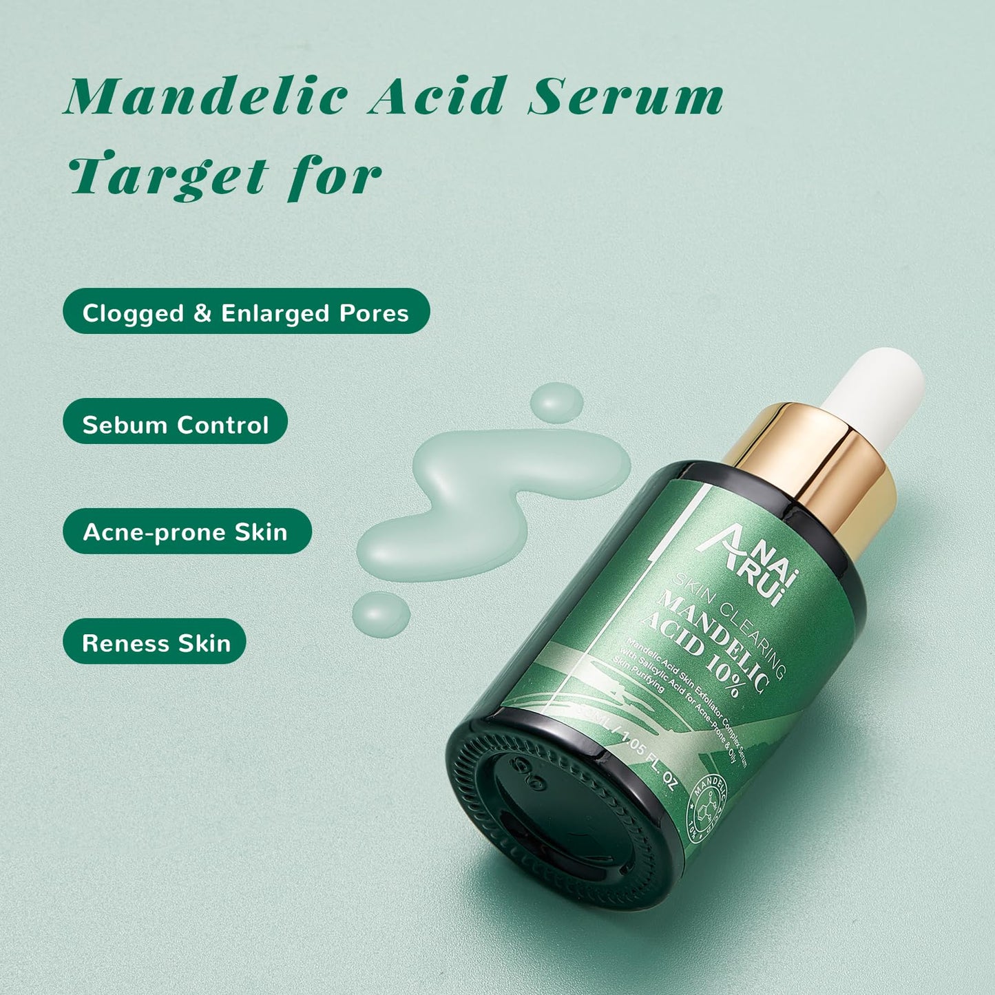 ANAI RUI Mandelic Acid 10% with Salicylic Acid 2%, Tea Tree Oil, AHA BHA Skin Exfoliant Peel Solution, for Dark Spots, Blackheads, Enlarged Pores,1.05FL.Oz