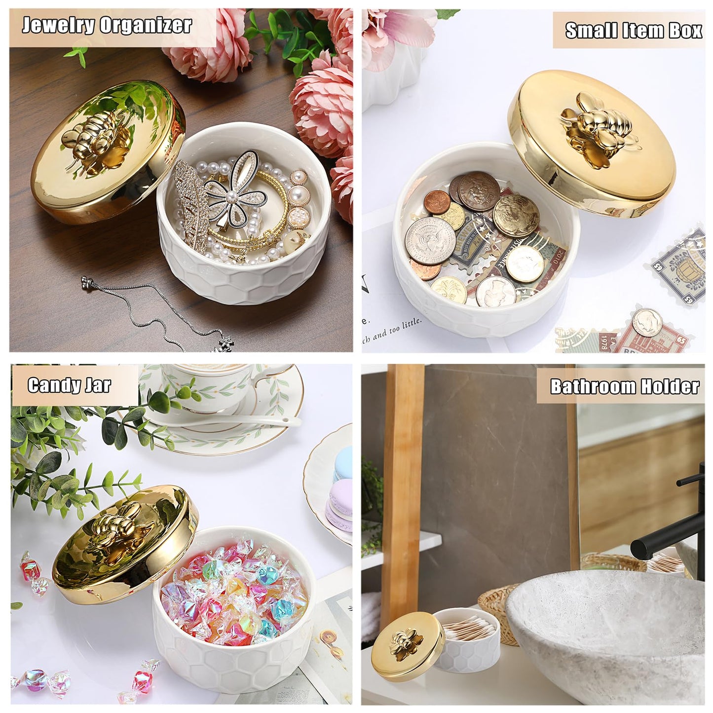 ELLDOO Body Powder Puff and Container, Ceramic Loose Dusting Powder Storage Box with 2pcs Powder Puffs for Baby Women, Jewelry Trinket Box with Golden Bee Lid