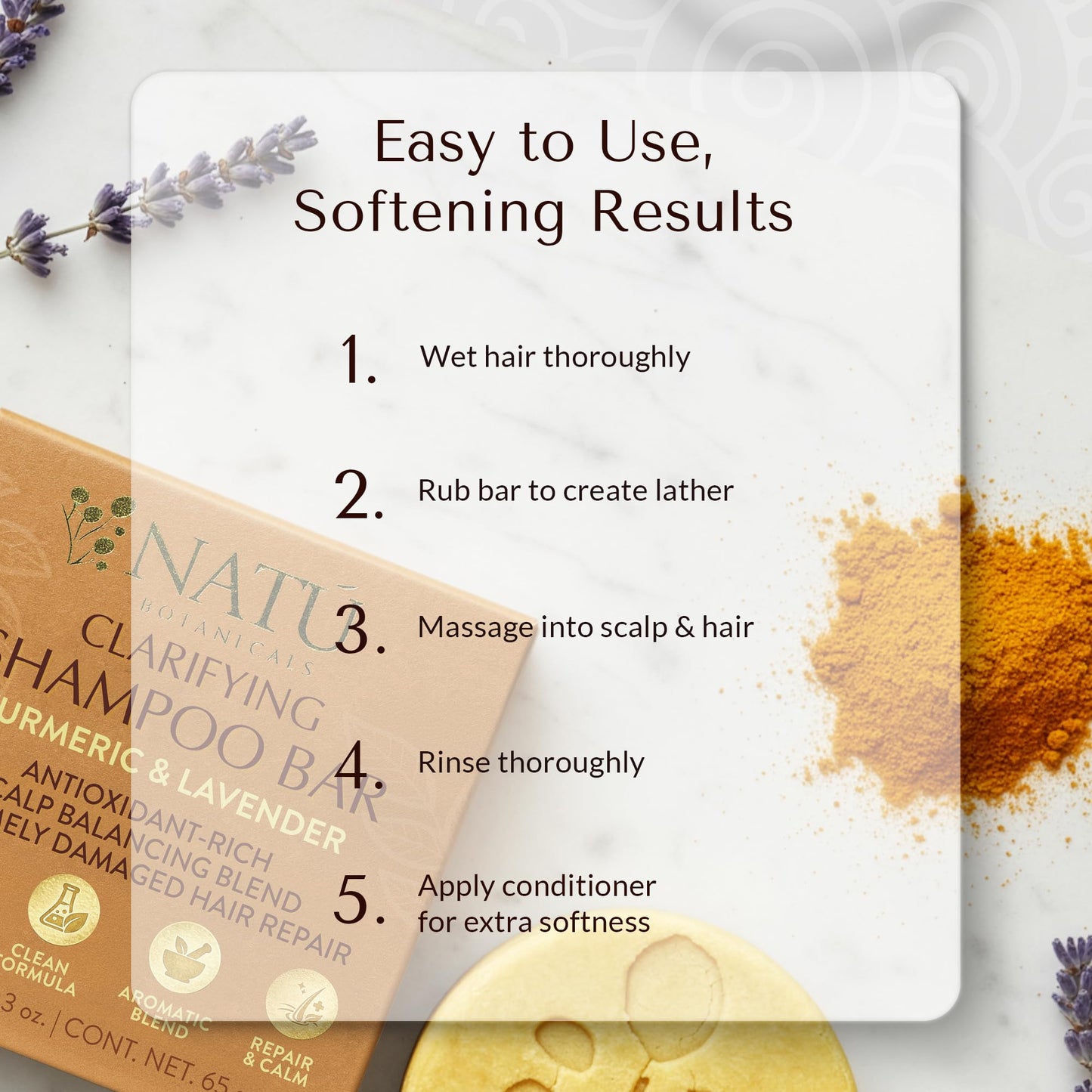 NATÚ BOTANICALS Clarifying Shampoo Bar - Strengthening Solid Shampoo Bar with Turmeric, Lavender and Cocoa Butter for Strengthening and Hair Repair - Sulfate Free for Silky Shine & Paraben Free 2.3oz