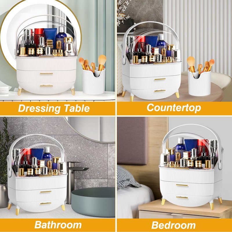 Haturi Makeup Organizer, Skincare Organizers w/Brush Holder, Cosmetics Organizer with Drawers, Waterproof & Dustproof Makeup Organizer for Vanity, Preppy Skin Care for Bathroom, Dresser, Countertop
