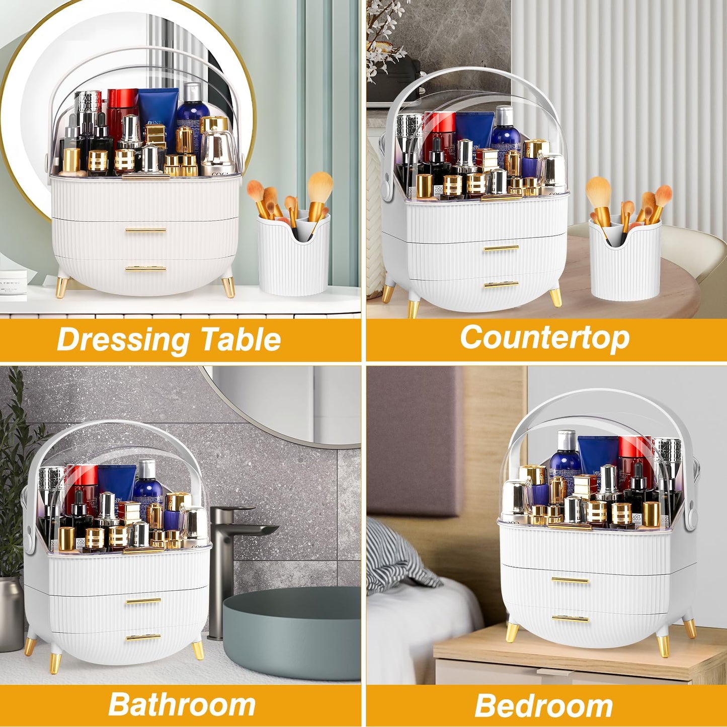 Haturi Makeup Organizer, Skincare Organizers w/Brush Holder, Cosmetics Organizer with Drawers, Waterproof & Dustproof Makeup Organizer for Vanity, Preppy Skin Care for Bathroom, Dresser, Countertop