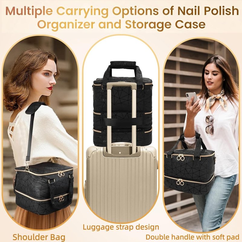 Nail Polish Organizer Bag - 84 Bottle Capacity | 3-Layer PU Leather Storage Case with Shoulder Strap for Nail Techs