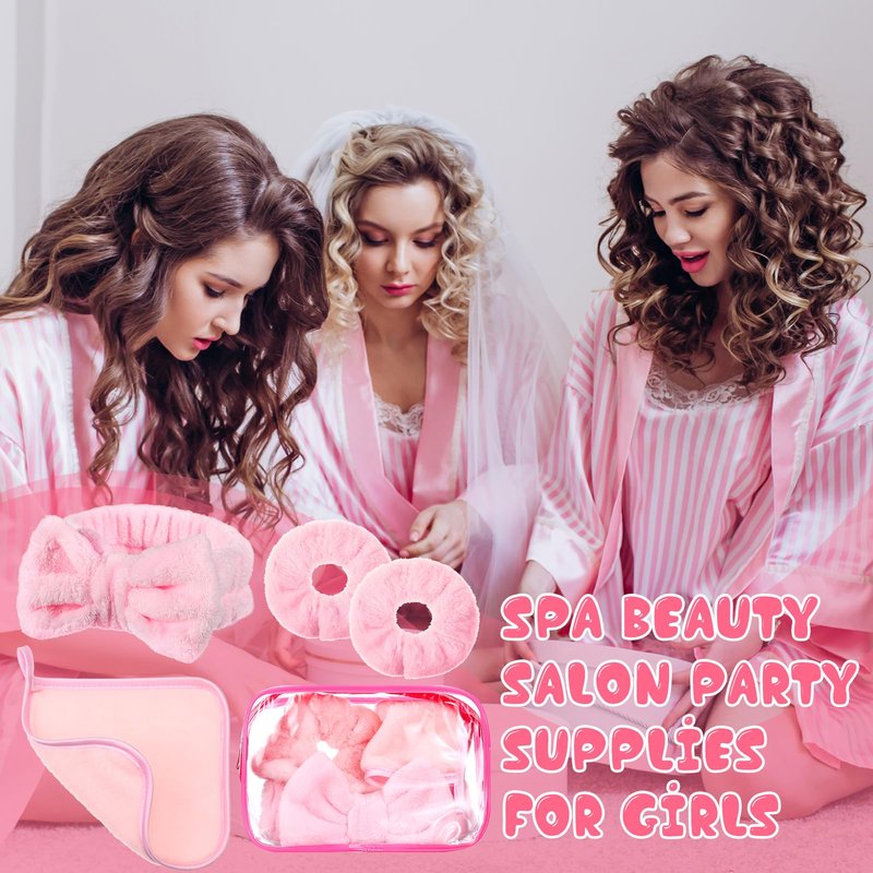 Mimorou 24 Pieces Sleepover Party Supplies for Women Spa Party Favors 6 Spa Headband 6 Velvet Scrunchies 6 Makeup Remover Cloth 6 Clear Cosmetic Bags for Mother Day Slumber Wedding Birthday(Pink)