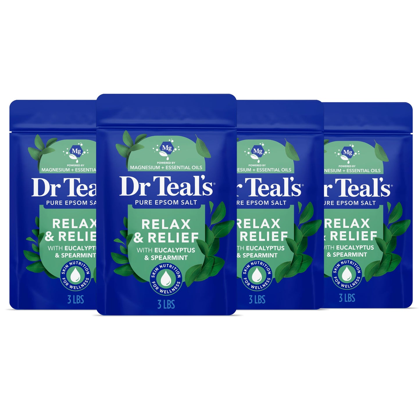 Dr Teal's Pure Epsom Salt, Relax & Relief with Eucalyptus and Spearmint, 3 lb (Pack of 4)