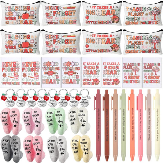 Fulmoon 40 Pcs Teacher Appreciation Gifts Thank You Teacher Gifts Bulk Socks Makeup Bags Keychains Motivational Notebooks Ballpoints(Wood Color,Teach Love Inspire)