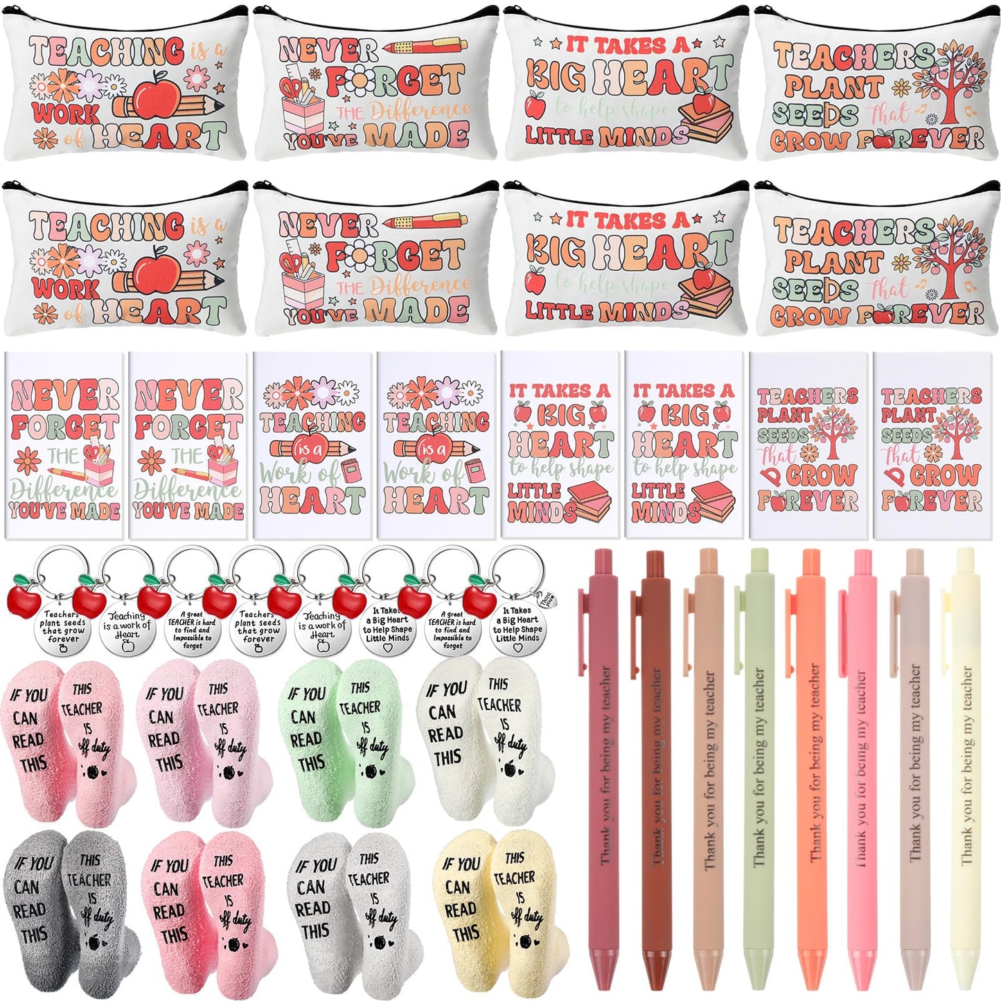 Fulmoon 40 Pcs Teacher Appreciation Gifts Thank You Teacher Gifts Bulk Socks Makeup Bags Keychains Motivational Notebooks Ballpoints(Wood Color,Teach Love Inspire)