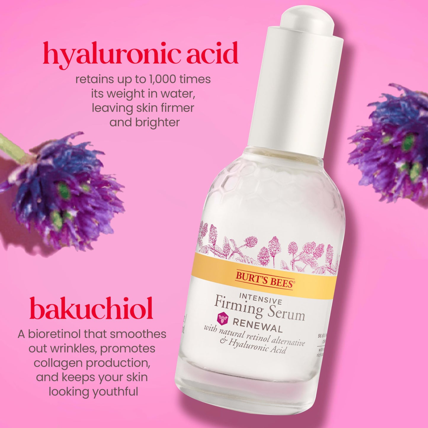 Burt's Bees Renewal Intensive Firming Serum With Natural Retinol Alternative and Hyaluronic Acid, Powerful Anti-Aging Ingredients, 98.6 Percent Natural-Origin Skin Care, 1 fl. oz. Bottle
