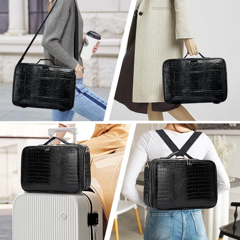 Large Capacity Travel Makeup Case Organizer - Waterproof PU Leather with Adjustable Dividers & Shoulder Strap | Perfect for Brushes & Jewelry