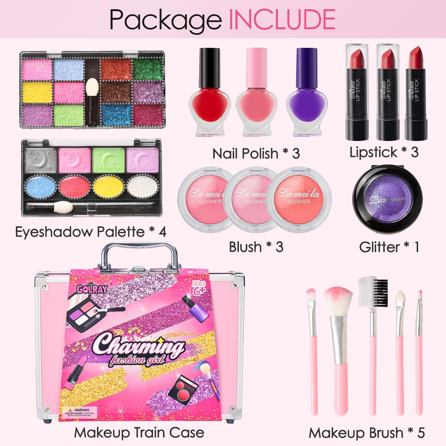Golray Teen Makeup Kit for Girls Ages 8-12, Starter Full Make up Set With Train Case / 4 Eyeshadow Pallets/Blush/Lipstick/Brush, Kid Birthday Gift Beauty Toy for Girl 9 10 11 12 Years