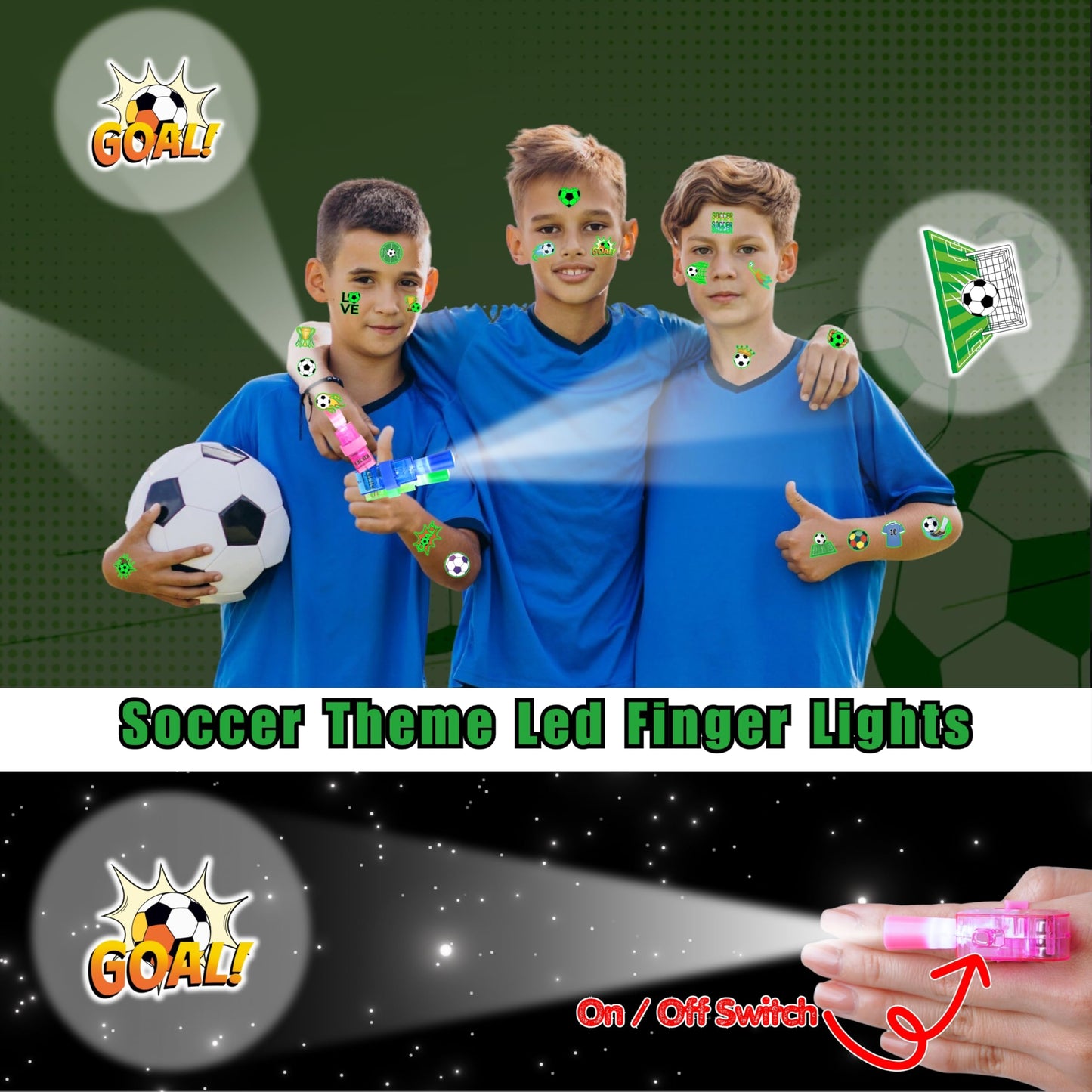 72 PCS Soccer Party Favors – 48 PCS Luminous Tattoos & 24 PCS LED Finger Lights Combo – Birthday Goodie Bag Fillers, Party Supplies, Gifts Light Up Toys Glow In The Dark for Boys and Girls (Soccer 1)