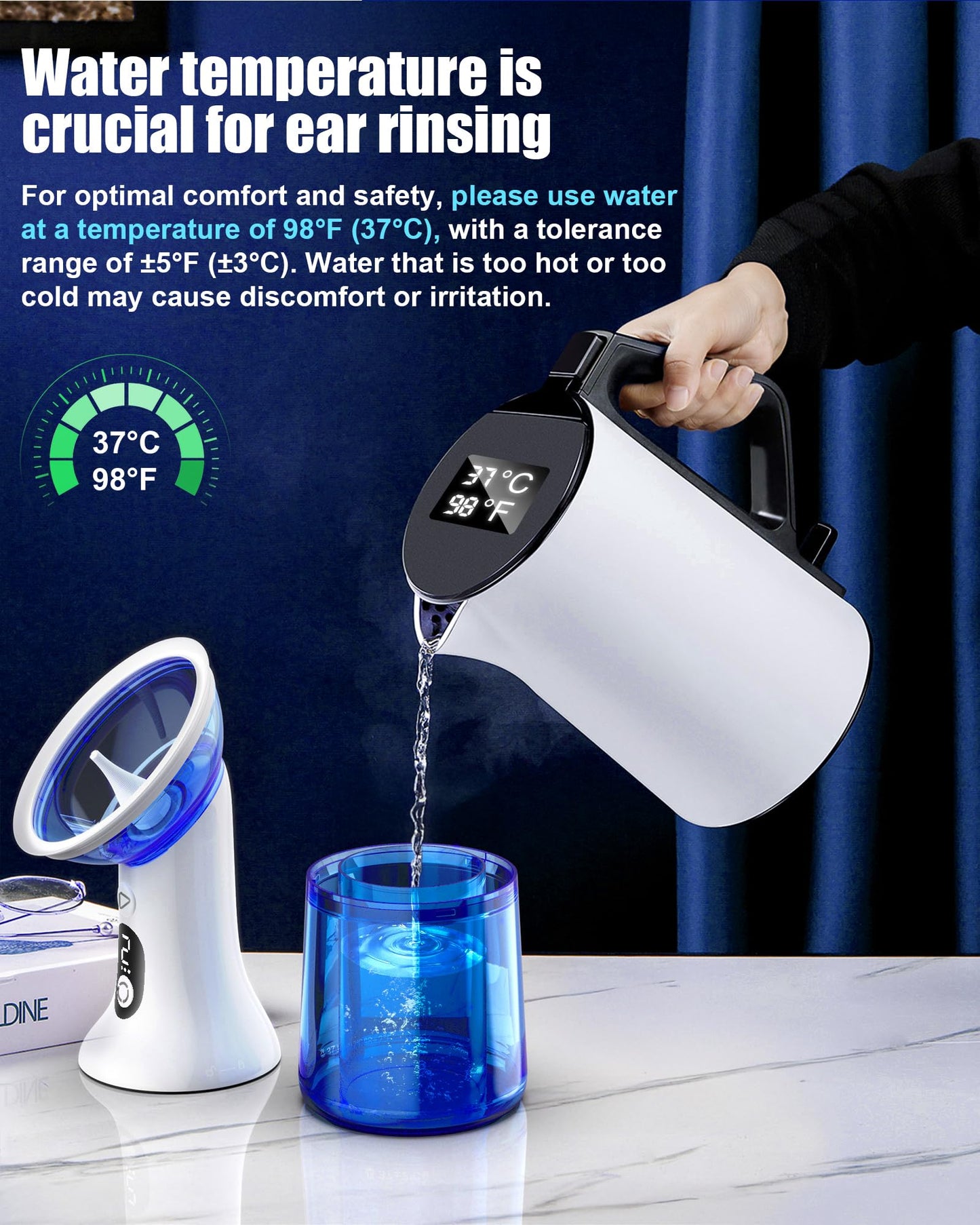 Electric Ear Wax Removal with One-Piece Waste Tank, Water Powered Ear Cleaner with 4 Pressure Modes for Earwax Remove at Home, USB-C Cable, IPX7 (Dark Blue)