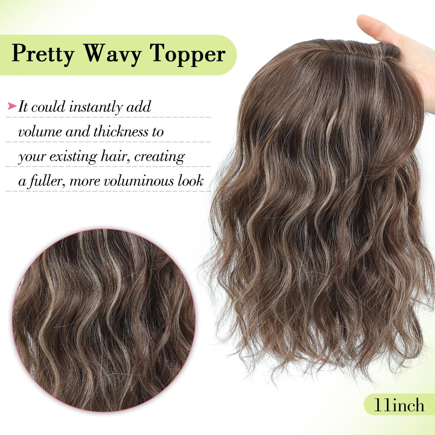 Ms Taj 11 Inch Short Wavy Hair Topper for Women with Thinning Hair, Synthetic Lightweight Breathable Hairpiece with 6.5"x6.5" Base, Instantly Adds Volume and Coverage（Dark Ash Brown with Highlights）