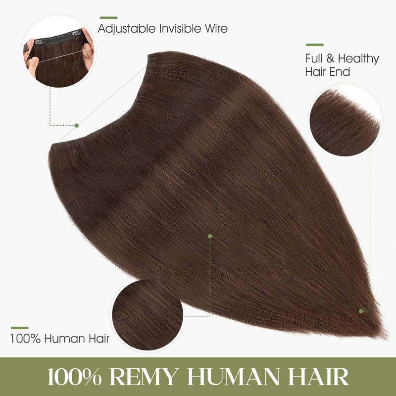 Charites Halo Hair Extensions Real Human Hair Invisible Wire Extensions with Transparent Fish Line Adjustable Size Dark Brown 12 inch