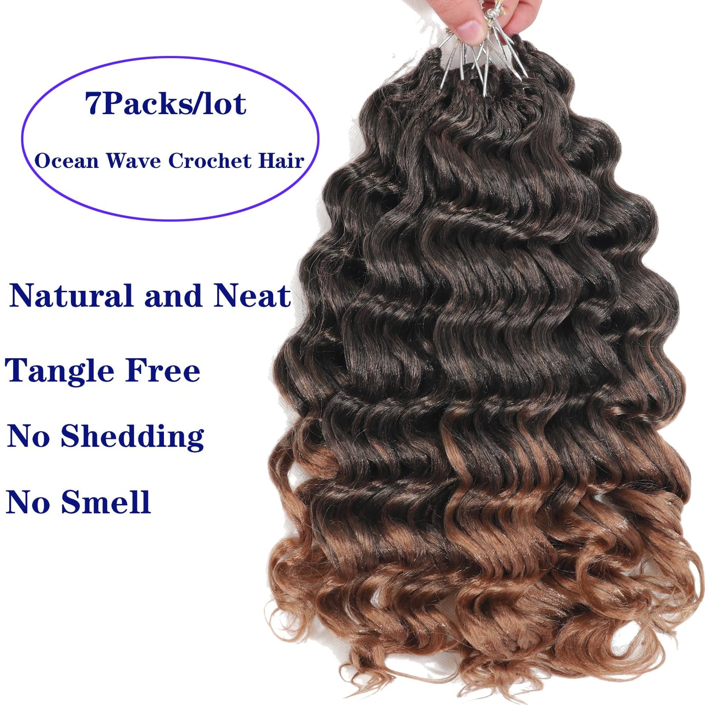18 Inch Ocean Wave Crochet Hair 7 Packs Deep Wave Crochet Braids Brown Ombre126 Strands Wavy Curly Braiding Hair Crochet Hair Extensions for Women