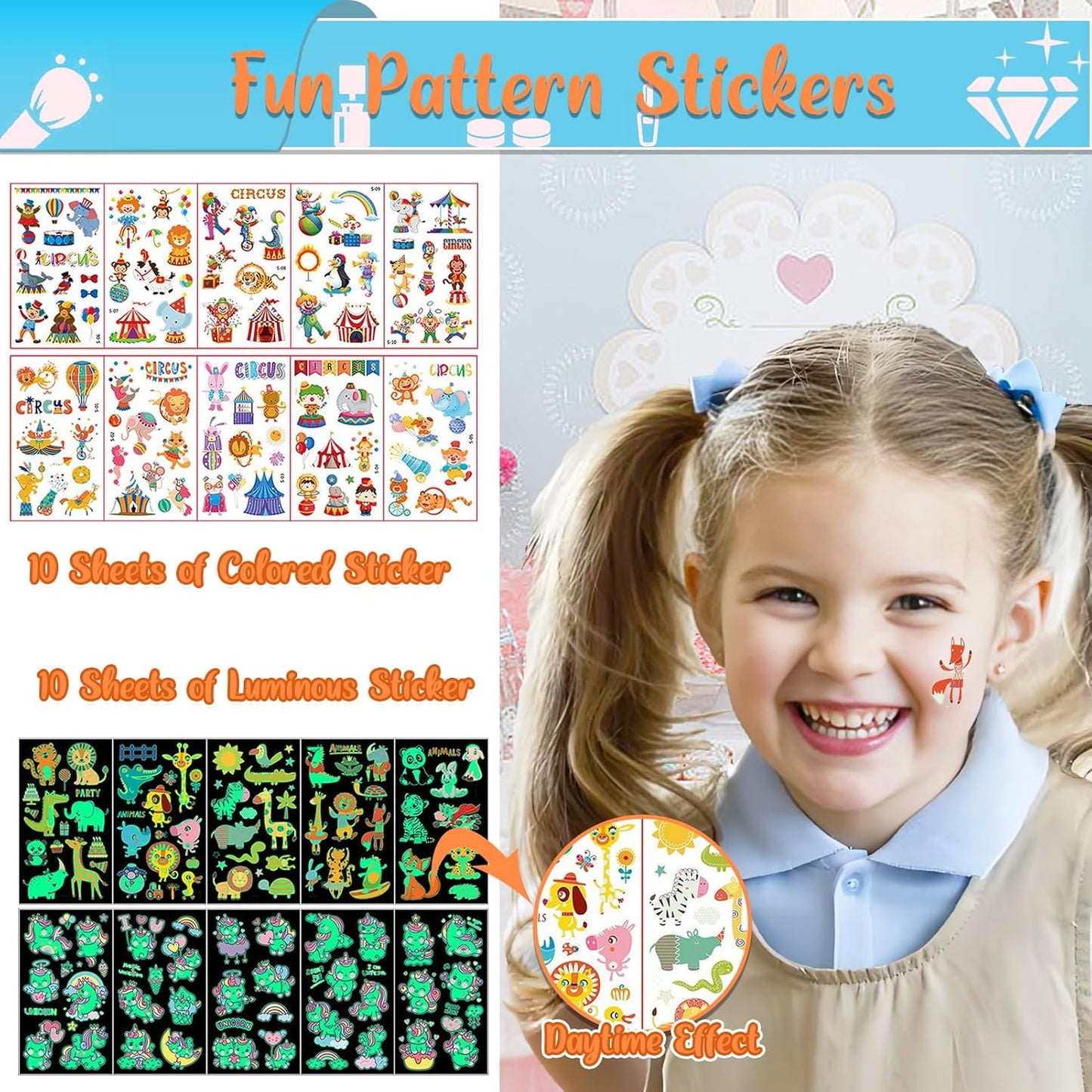 Kids Glitter Tattoo Kit - 50 Colors Glitter Powder, 132 Stencils & Glow-in-the-Dark Stickers | Fun Body & Face Makeup for Parties & Holidays