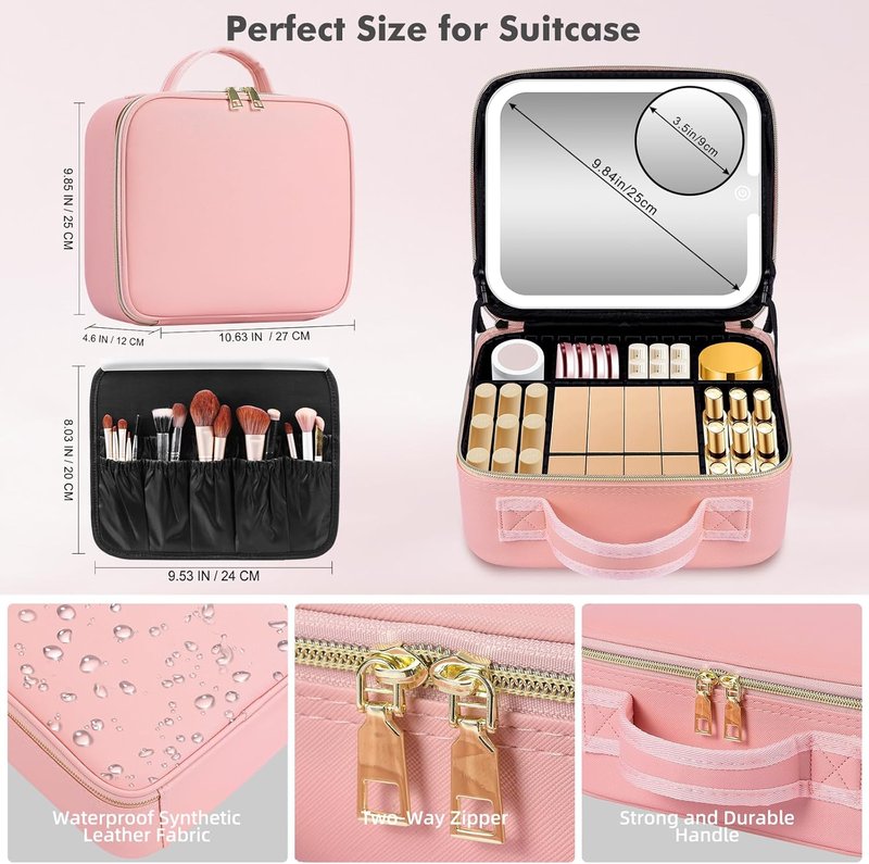 Travel Makeup Bag with LED Mirror - Lighted Organizer with 3 Color Settings | Pink