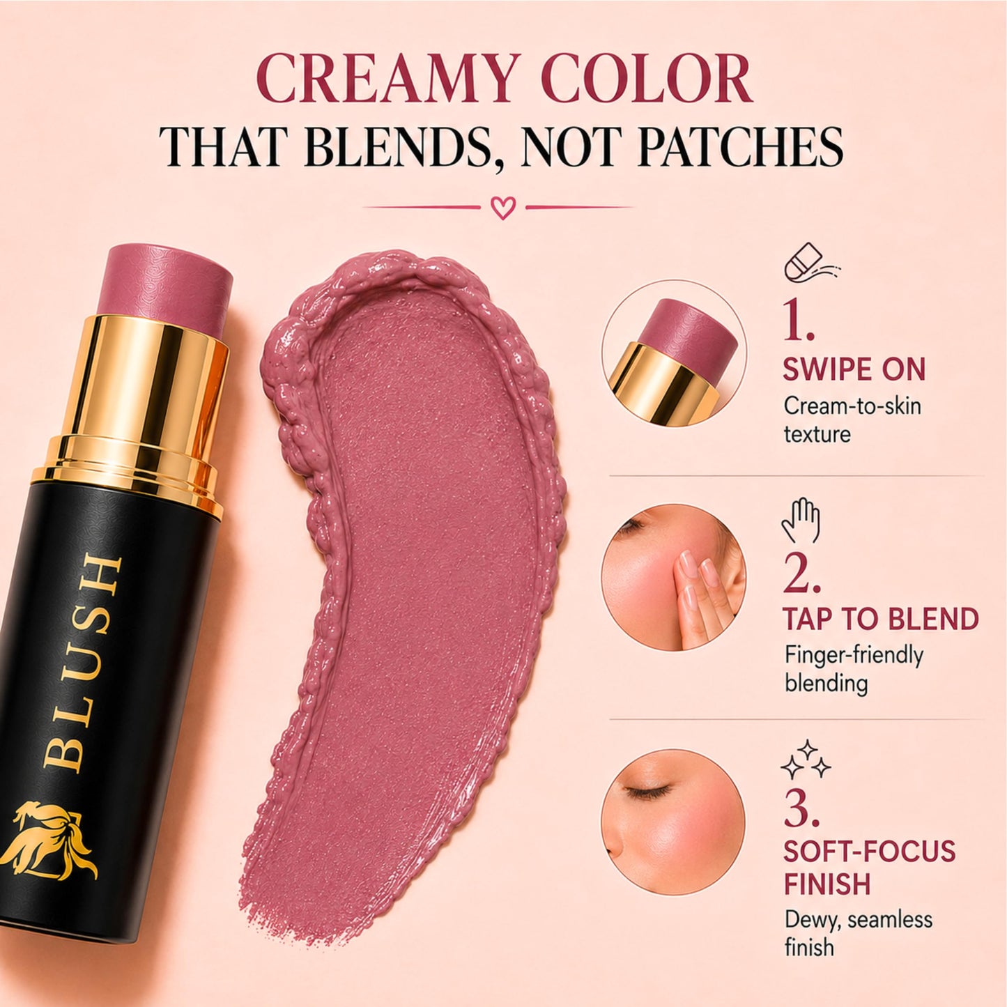 Cream Blush Stick by Phoenix Beauty – 3-in-1 Cheek, Lip & Eye Color | High Pigment, Hydrating Formula with Shea Butter & Hyaluronic Acid | Multi-Use Makeup Stick for Dewy Skin (Wild Rose, Regular)