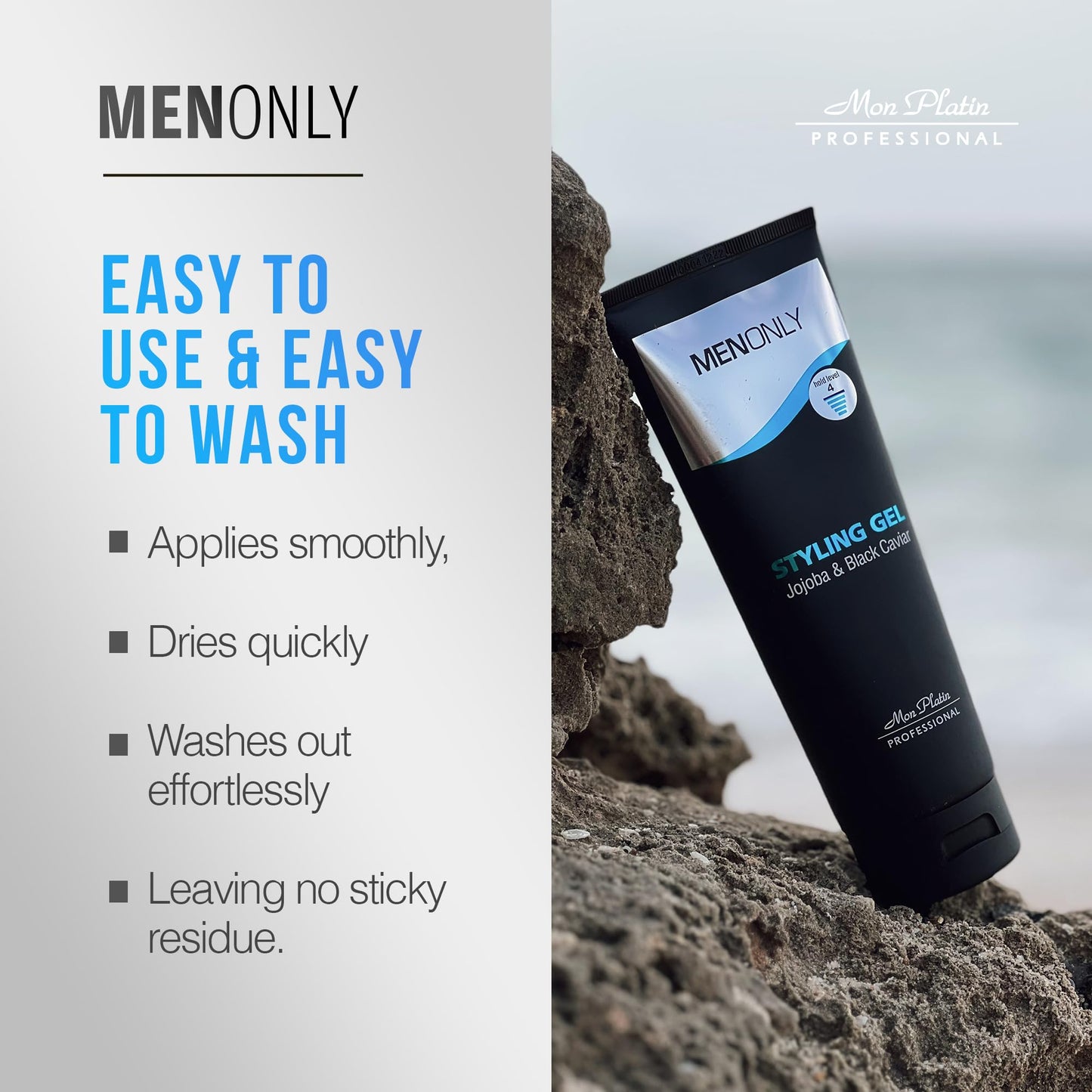 Mon Platin Men’s Styling gel with Jojoba & Black caviar – Men’s Hair Gel with Black Caviar and Jojoba, Strong Hold, Anti-Dandruff Formula, Keeps Hair Styled, Healthy, and Shiny 250ml