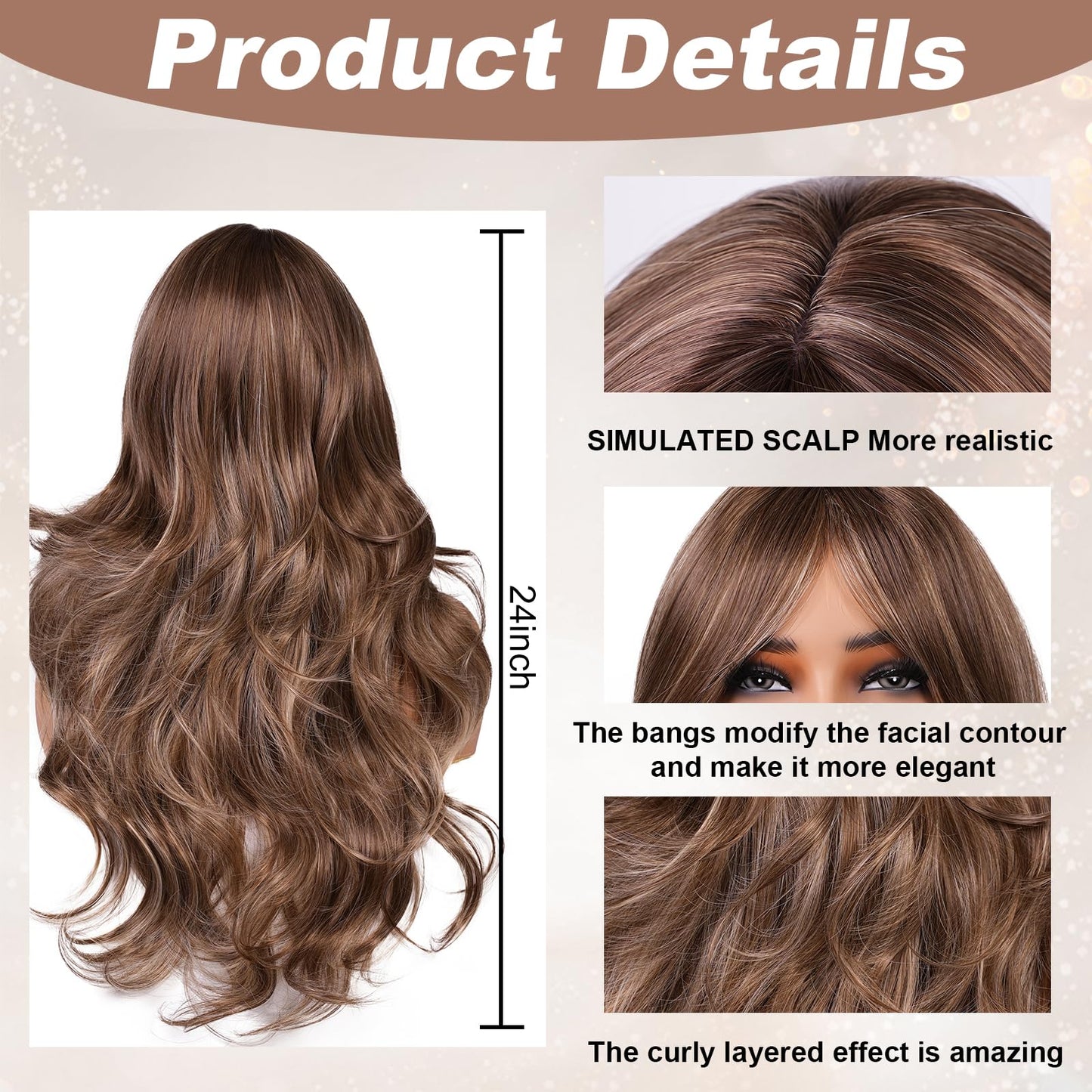 Light Brown With Curtain Bangs Wigs for Women 26inch Long Brown Mixed Blonde Layered Wig with Dark Roots Middle Parting Synthetic Hair Natural Looking for Daily Party Use(Highlight Brown)