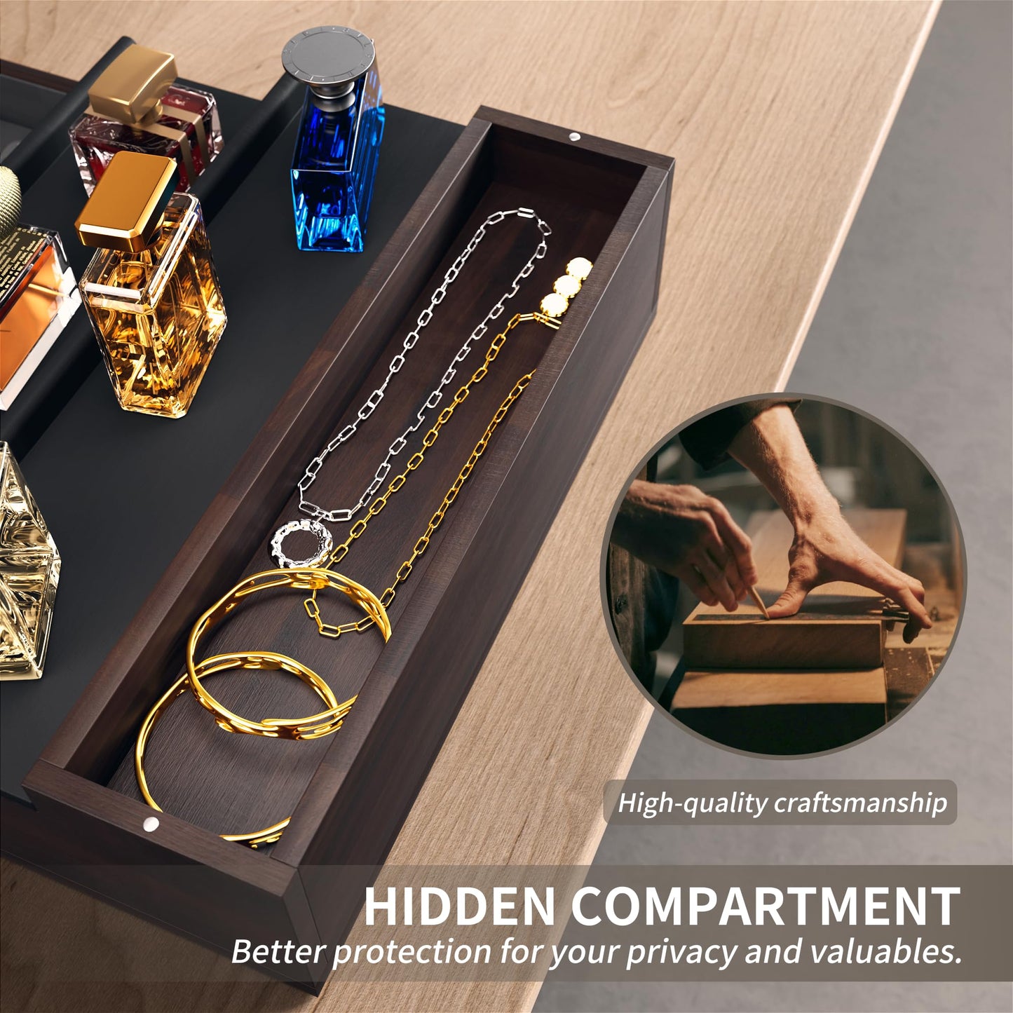 YIKIBOX Cologne Organizer for Men,Wooden Perfume Organizer with Hidden Compartment and Drawer,Cologne Stand and Storage Display Risers for Dresser,Great Gift for Men/Friend（DarkBrown）